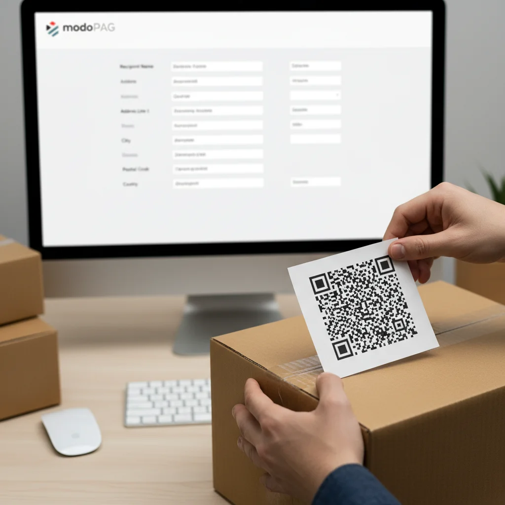 Close-up of hands preparing a package with a computer-generated shipping label.