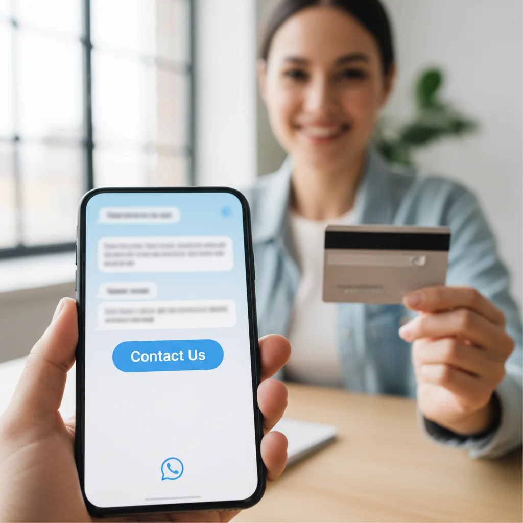 Smartphone with WhatsApp chat open, 'Contact Us' button. Easy support for digital payments.