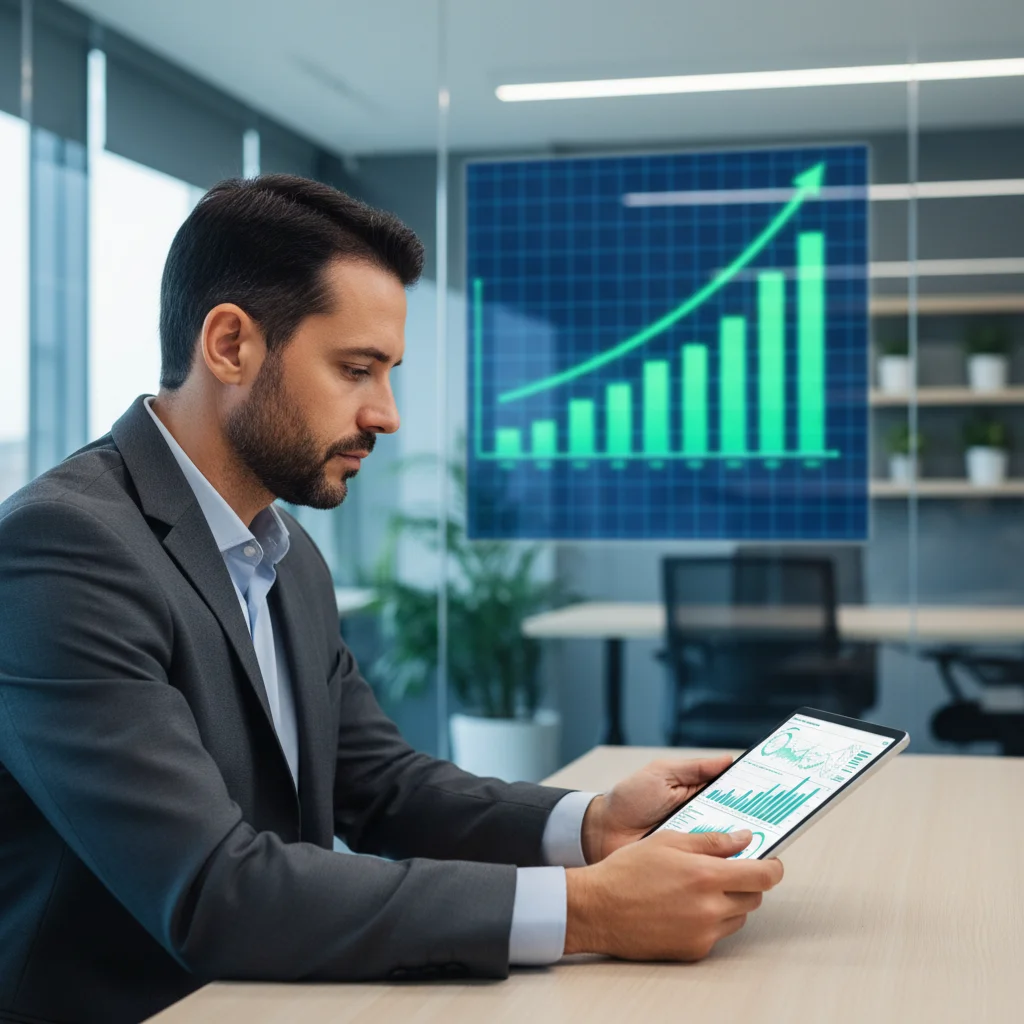 Empresário analisando dados financeiros em tablet. Crescimento, sucesso e tecnologia modoPAG.