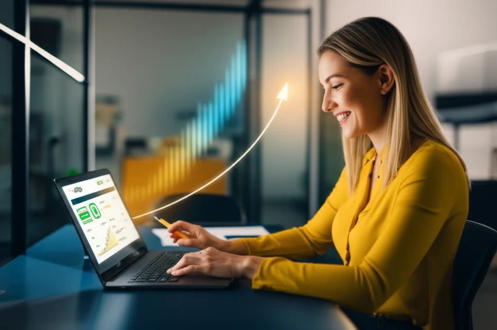 Microempreendedor sorridente usando laptop em escritório moderno com detalhes em amarelo e azul.