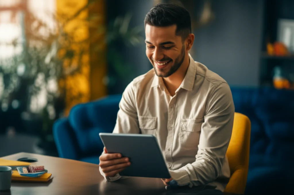 Empreendedor brasileiro sorridente visualizando tablet em escritório moderno com decoração amarela e azul.
