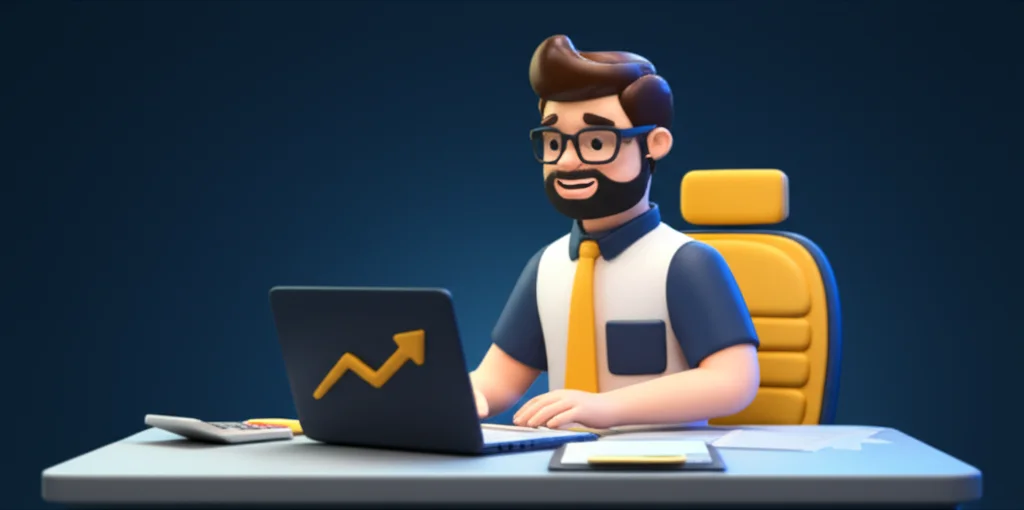 Empreendedor sorridente em escritório moderno com notebook exibindo gráfico de crescimento em tons de amarelo e azul.